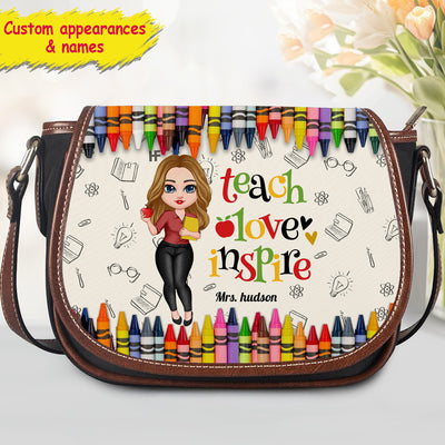 Colorful Crayon Teach Love Inspire Cute Pretty Doll Teacher Personalized Tambourin Bag With Single Strap Perfect Teacher's Day Gift HTN11APR24CT2