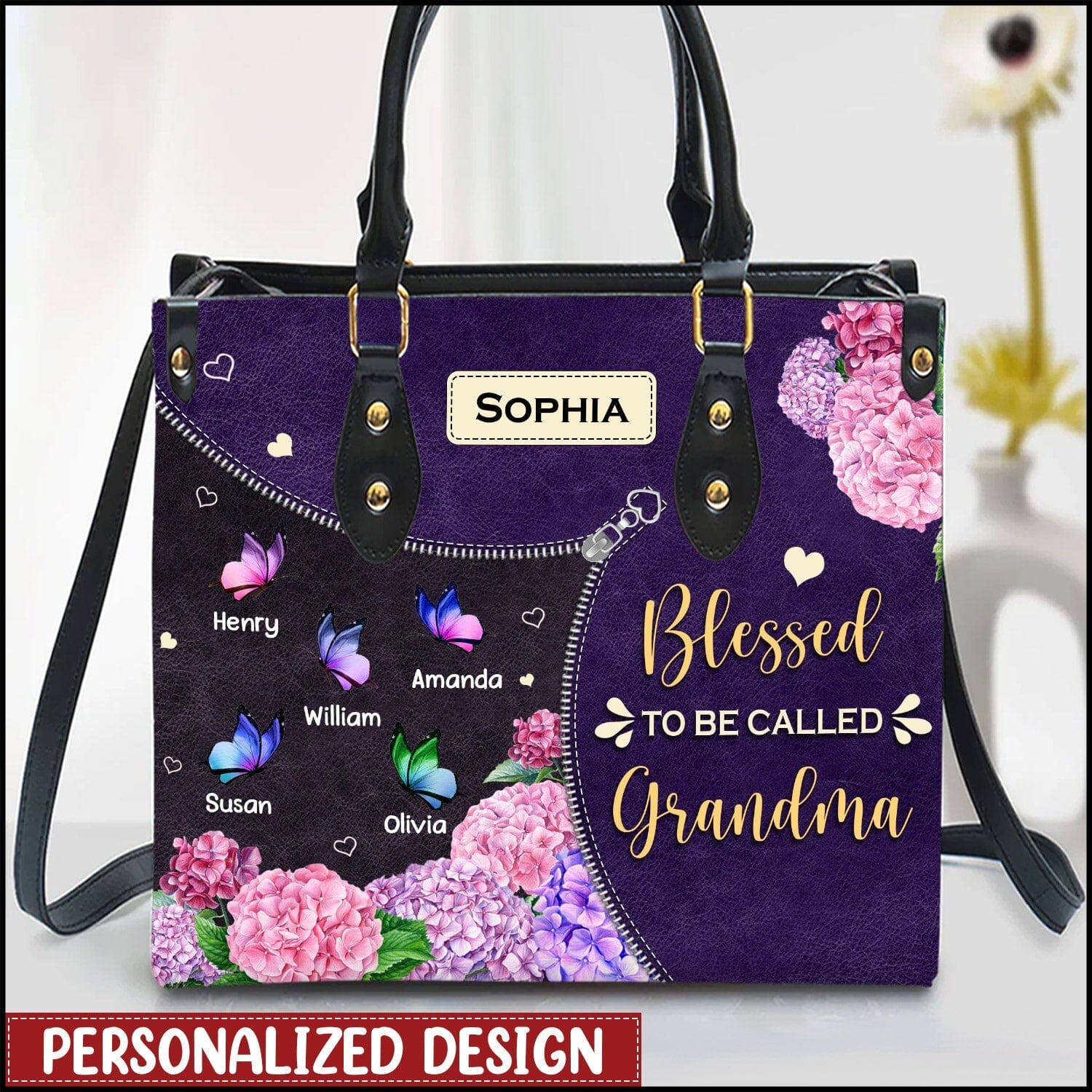 Blessed to be called Grandma Butterfly Floral Personalized Leather Handbag HTN03JUN23CA1 Leather Handbag Humancustom - Unique Personalized Gifts Black 