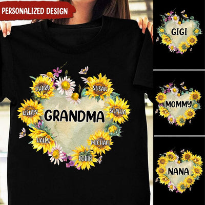 Personalized Grandma Hearts Sunflower T-Shirt with Custom Kid names Black T-shirt and Hoodie Perfect Gift Present for Grandmas Moms Aunties HTN04MAY23CA1 Black T-shirt and Hoodie Humancustom - Unique Personalized Gifts Classic Tee Black S