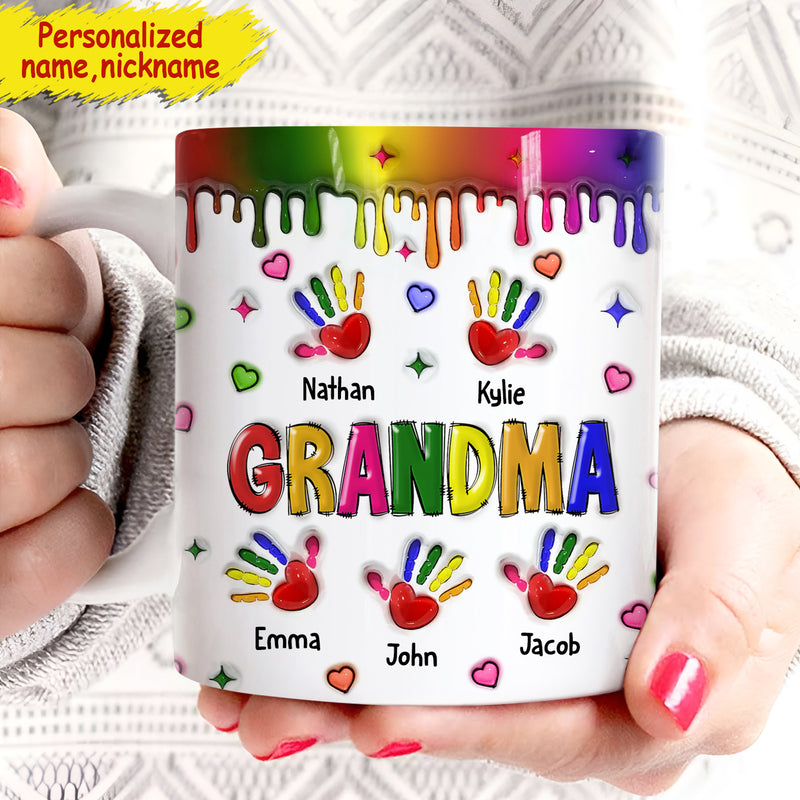 Discover Colorful Grandma Mom Handprint Grandkids 3D Inflated Effect Personalized White Edge-To-Edge Mug
