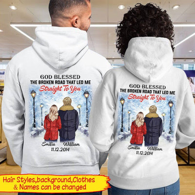 God Blessed The Broken Road That Led Me Straight To You Couple Walking in Winter Custom Hoodie White Hoodie Dreamship S White