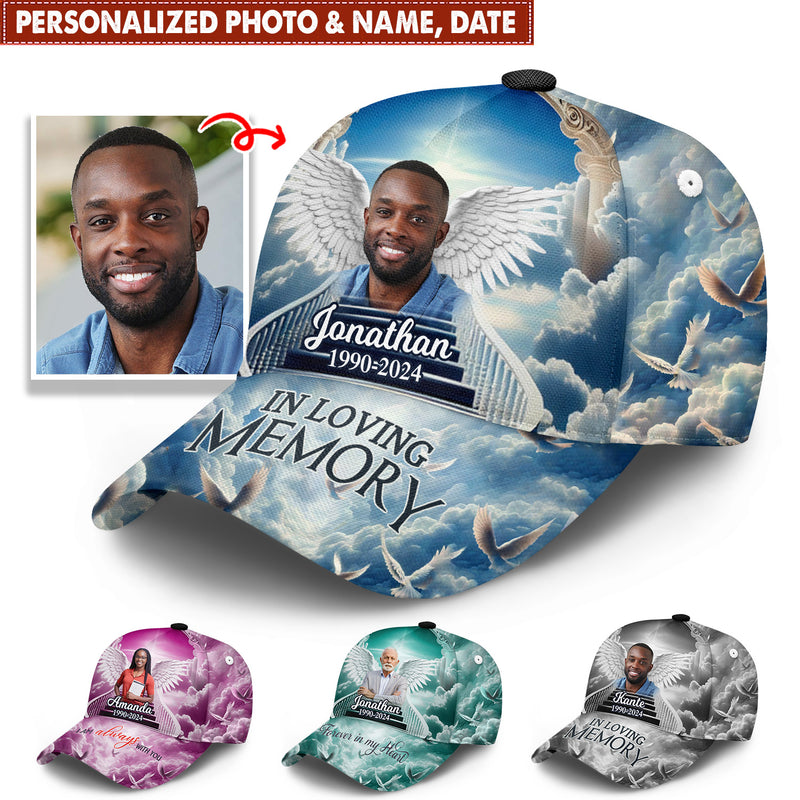 Discover Memorial Custom Photo Angel Wings In Heaven, In Loving Memory Personalized 3D Classic Cap