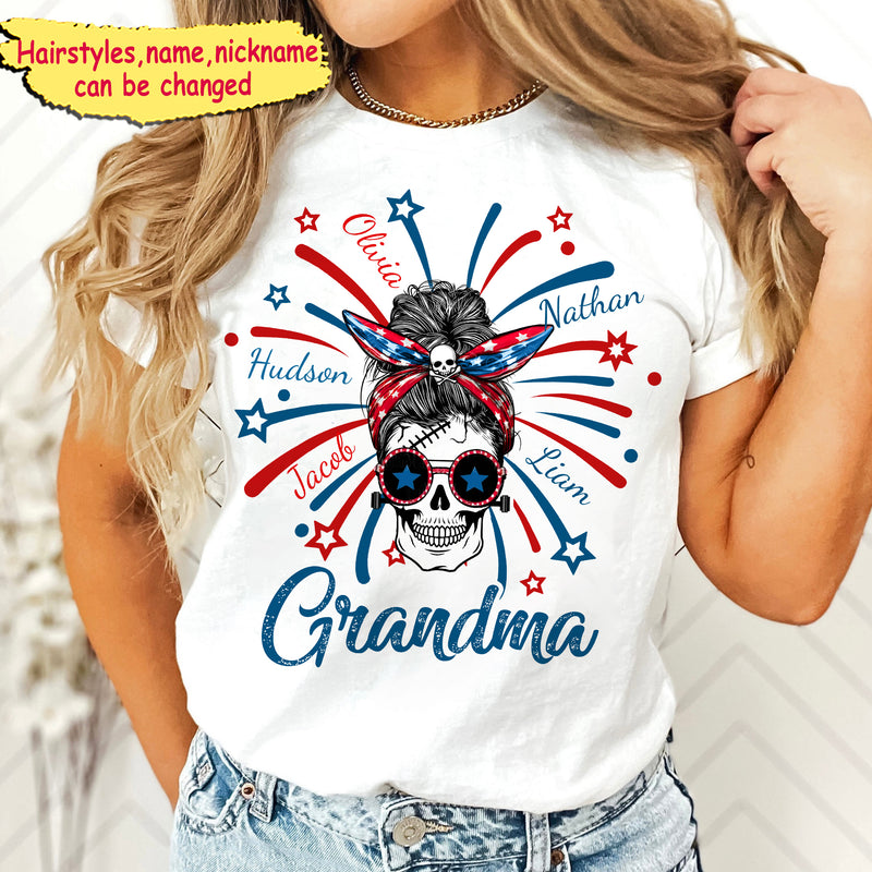 Discover Grandma Skull With Firework Kid Name Personalized T-shirt
