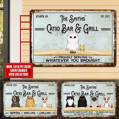 Personalized Catio Bar & Grill Cats Proudly Serving Whatever You Brought Printed Metal Sign Metal Sign Human Custom Store 12 x 8 in