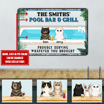Personalized Custom Cats Pool Bar & Grill Proudly Serving Whatever You Brought Printed Metal Sign Pht-29Tt004 Metal Sign Human Custom Store 17.5 x 12.5 in - Best Seller