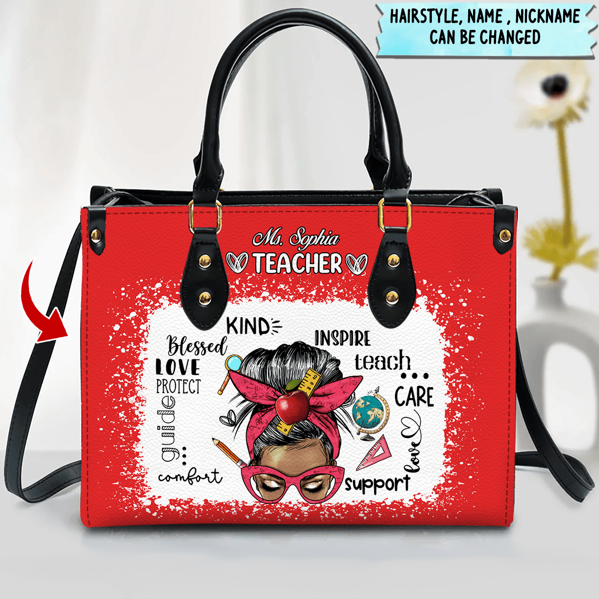 Messy Bun Teacher Counselor Educator Typography Personalized Leather Handbag Perfect Teacher's Day Gift HTN21MAR23NA1 Leather Handbag Humancustom - Unique Personalized Gifts 