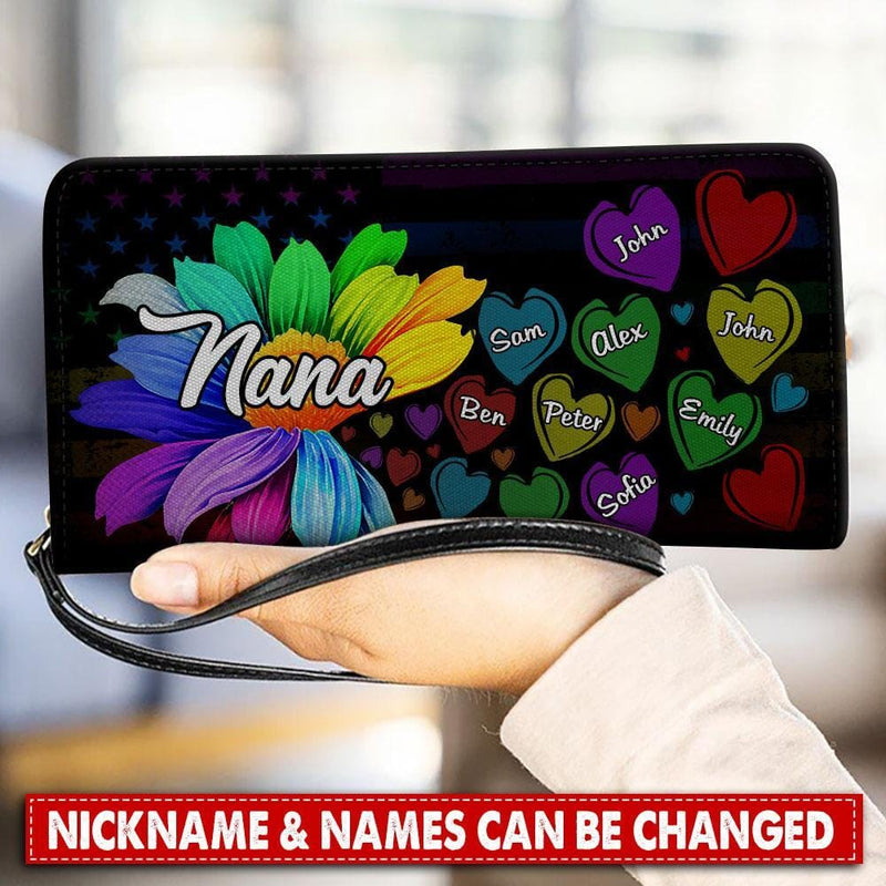 Discover Nana, Grandma with grandkids Rainbow Flower Personalized Leather Long Wallet