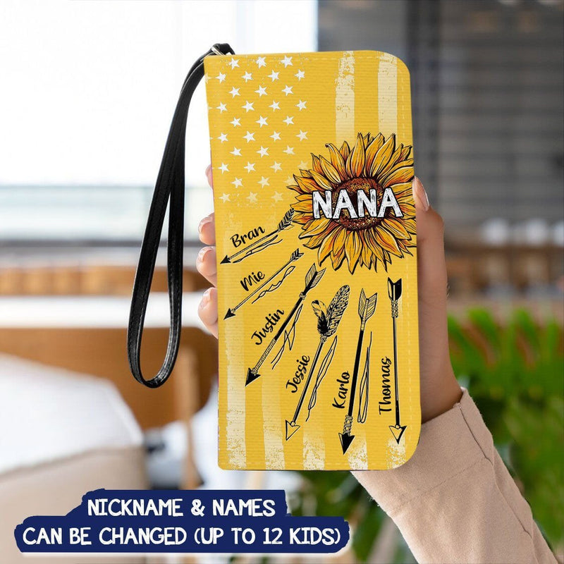 Discover Grandma With Grandkids Sunflower Arrow Cloth Personalized Leather Long Wallet