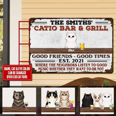 Personalized Custom Up To 6 Cats Catio Bar & Grill Good Friends Good Times Printed Metal Sign PHT Metal Sign Human Custom Store