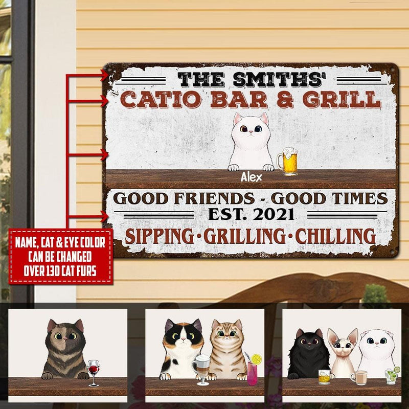 Personalized Custom Up To 6 Cats Catio Bar & Grill Good Friends Good Times Printed Metal Sign