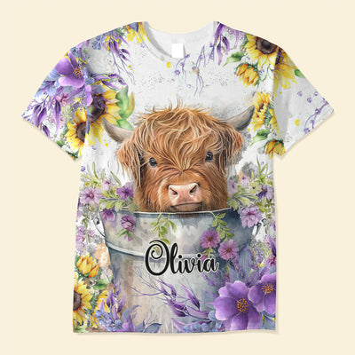 Flower Baby Highland Cow In Bucket, Love Cow Cattle Farm Personalized 3D T-shirt HTN19JUN23CA1