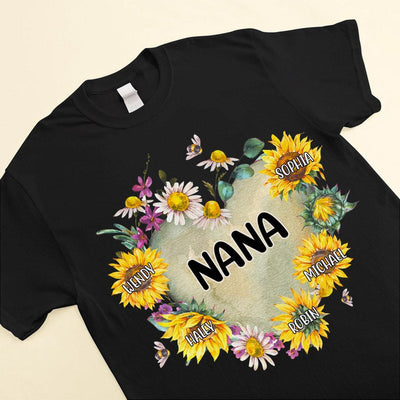 Personalized Grandma Hearts Sunflower T-Shirt with Custom Kid names Black T-shirt and Hoodie Perfect Gift Present for Grandmas Moms Aunties HTN04MAY23CA1 Black T-shirt and Hoodie Humancustom - Unique Personalized Gifts
