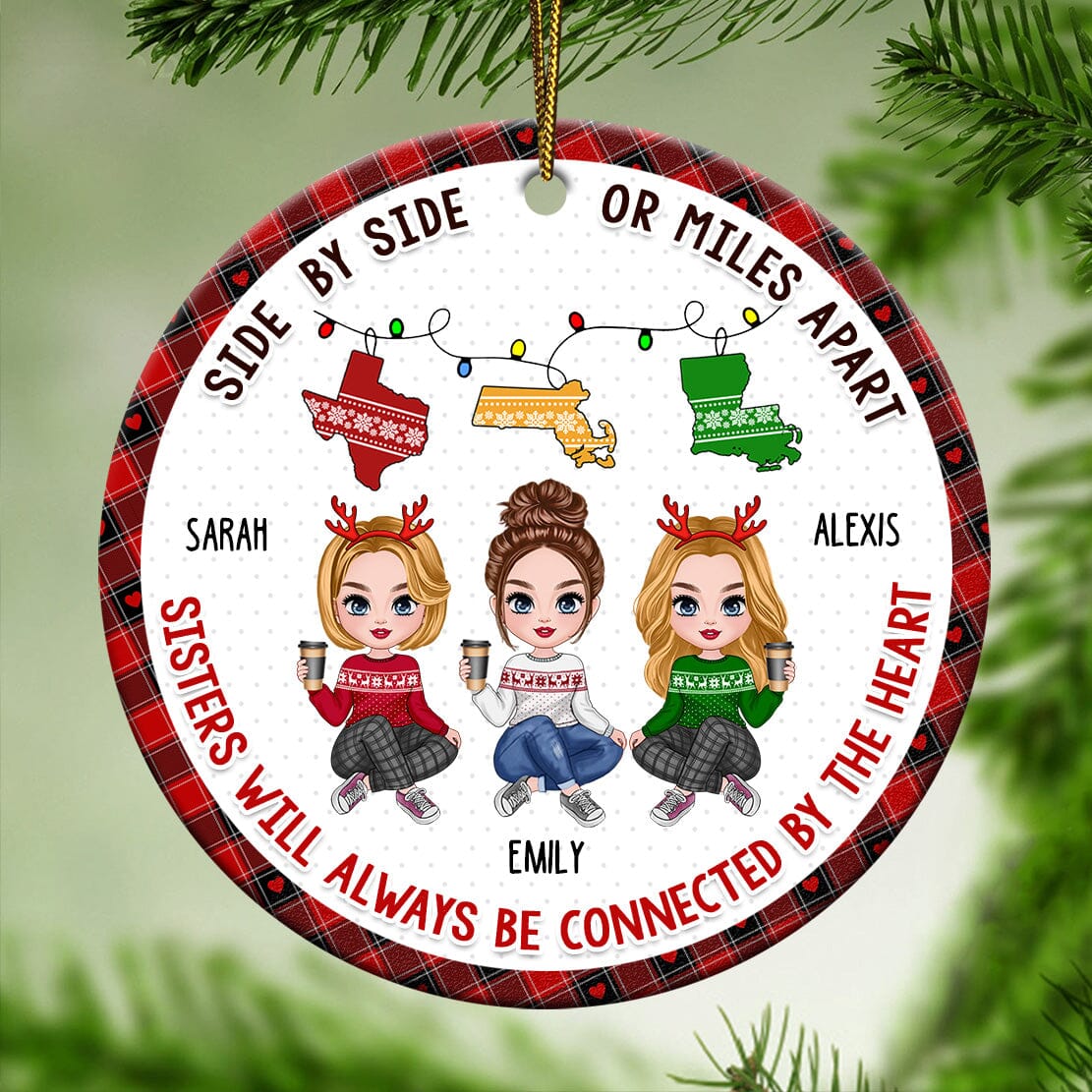 Sisters Will Always Be Connected By The Heart Personalized Circle Ceramic Ornament Christmas Gift For Sisters Besties CTL22NOV23CT2 Circle Ceramic Ornament HumanCustom - Unique Personalized Gifts Made Just for You Pack 1 