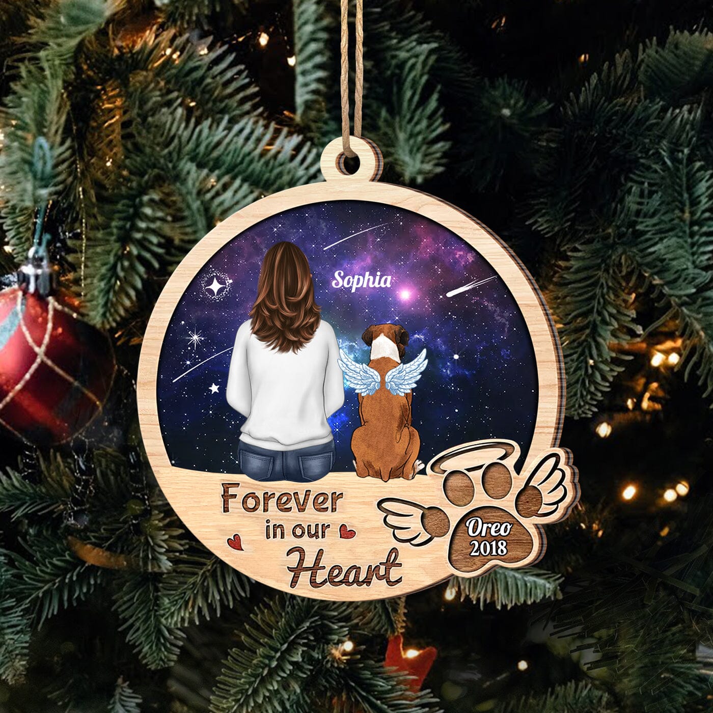 Memorial Pet - Love Dog Puppy On Heaven Galaxy Background Forever On Our Heart Personalized Ornament CTL16OCT23CT2 Wood Custom Shape Ornament HumanCustom - Unique Personalized Gifts Made Just for You Pack 1 