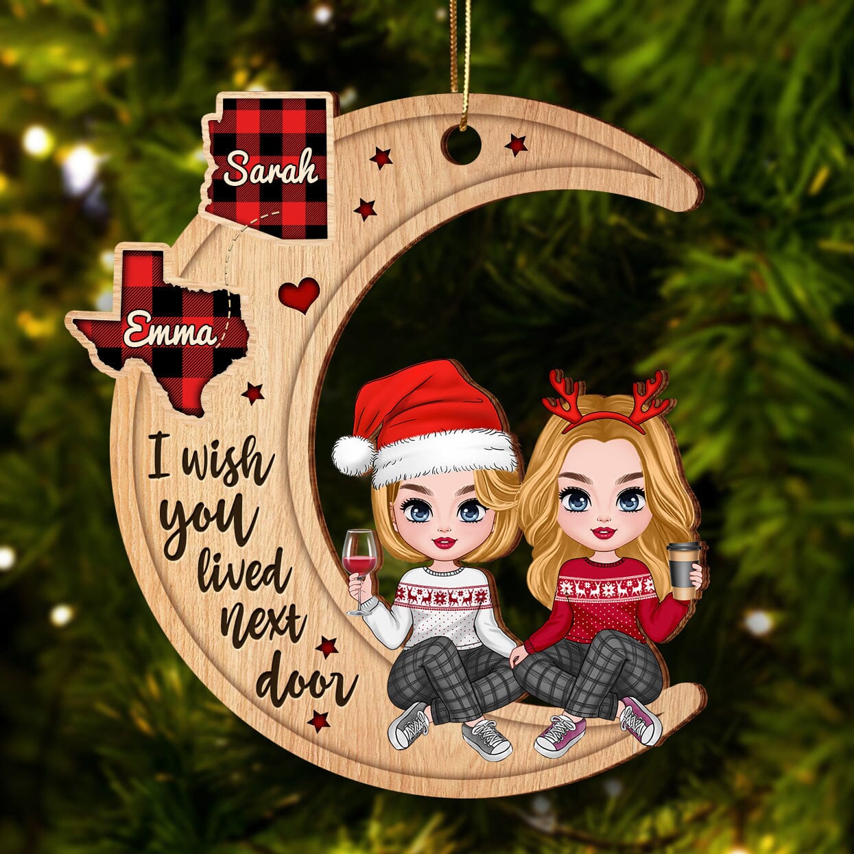 Christmas Pretty Doll Besties Sisters On Moon Personalized Wood Custom Shape Ornament CTL26OCT23CT1 Wood Custom Shape Ornament HumanCustom - Unique Personalized Gifts Made Just for You Pack 1 