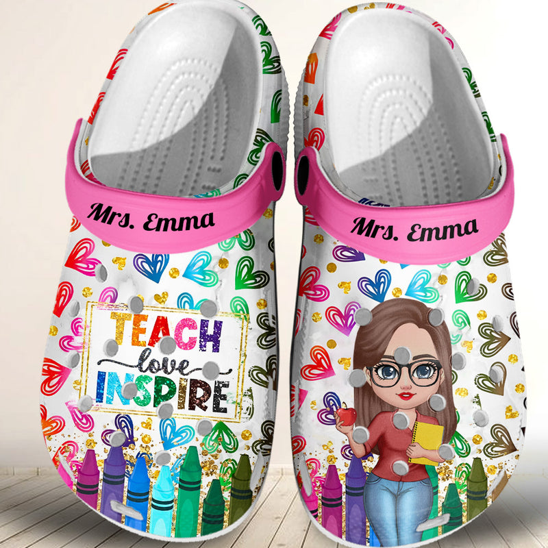Teach Love Inspire Pretty Doll Teacher Colorful Personalized Clogs