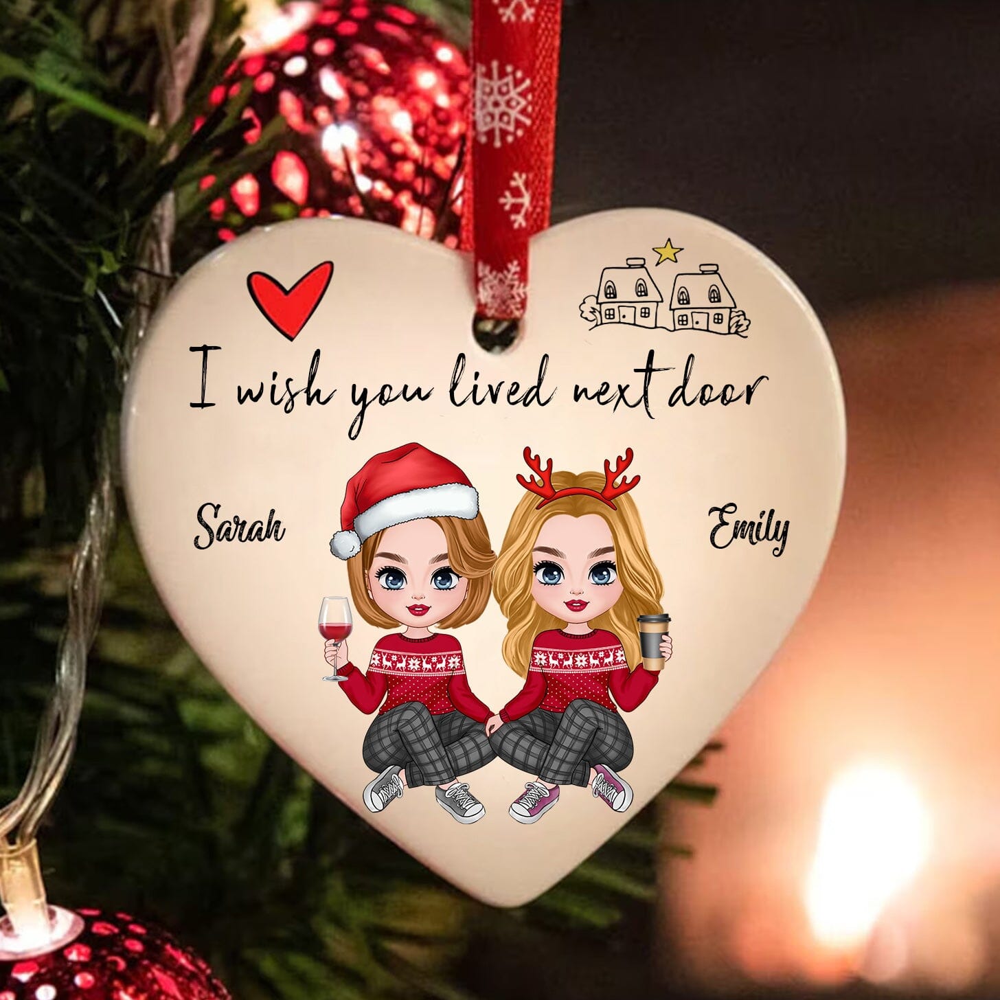 Christmas Pretty Doll Besties Sisters I wish you lived next door Personalized Ceramic Ornament CTL27OCT23CT1 Heart Ceramic Ornament HumanCustom - Unique Personalized Gifts Made Just for You Pack 1 