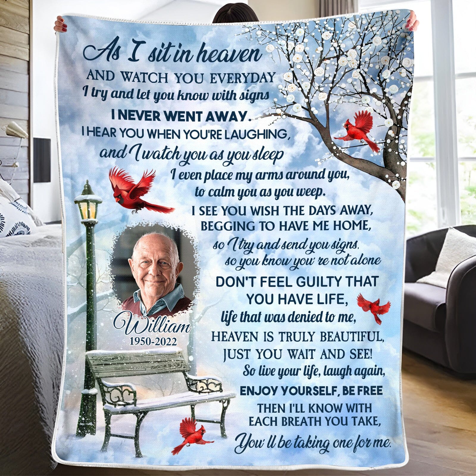 Memorial Upload Photo Cardinal Winter, As I Sit In Heaven Personalized Blanket LPL07DEC23CT2 Fleece and Sherpa Blanket HumanCustom - Unique Personalized Gifts Made Just for You 