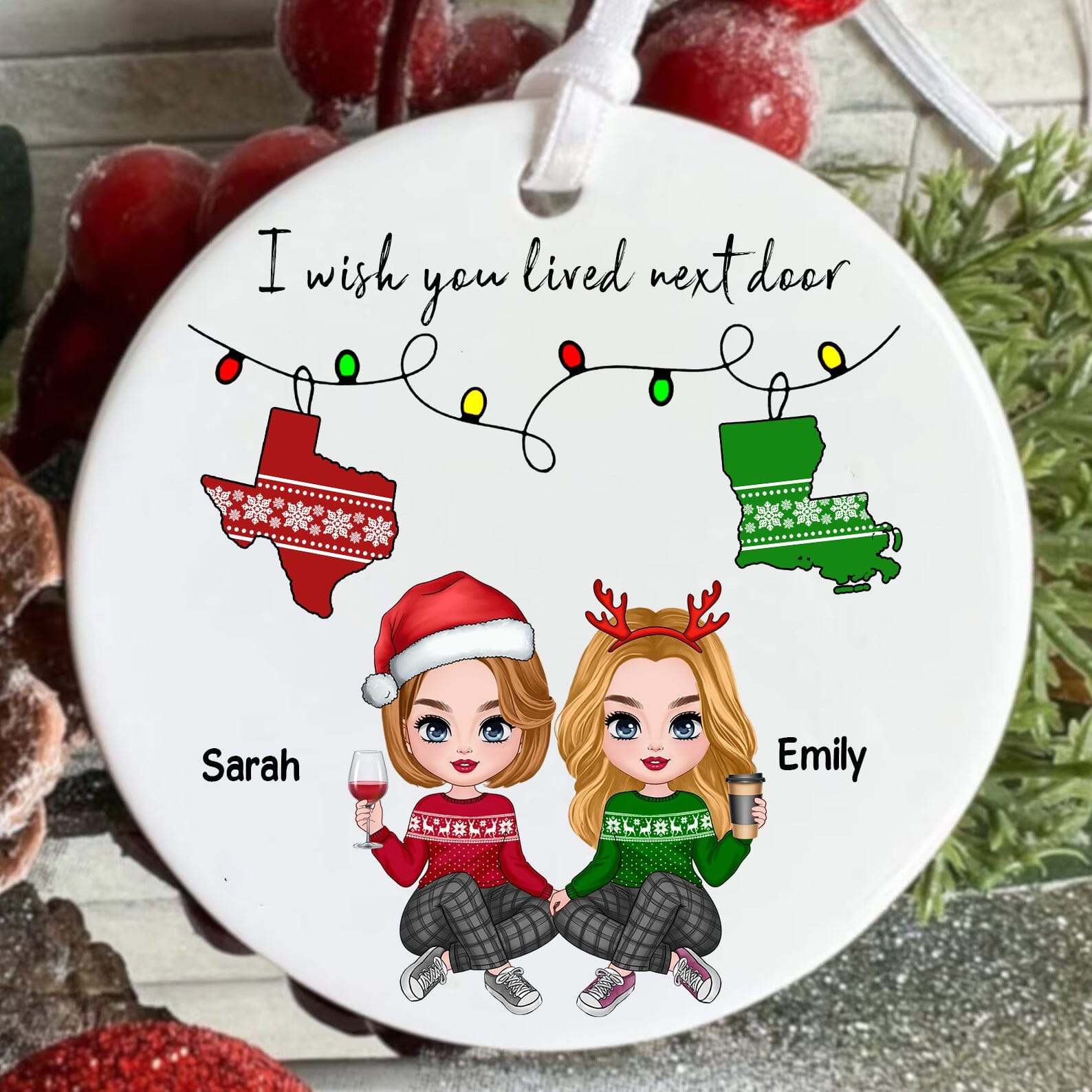 I Wish You Lived Next Door Personalized Circle Ceramic Ornament Christmas Gift For Sisters Besties CTL15NOV23CT1 Circle Ceramic Ornament HumanCustom - Unique Personalized Gifts Made Just for You Pack 1 