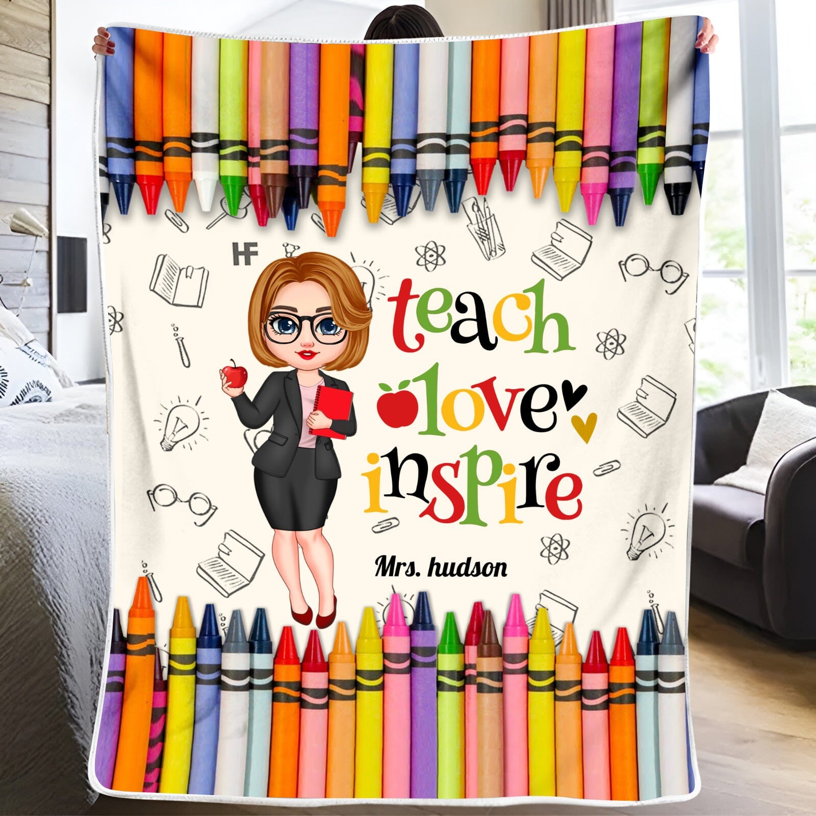 Colorful Crayon Teach Love Inspire Cute Pretty Doll Teacher Personalized Blanket Perfect Teacher's Day Gift HTN05DEC23CT1 Fleece Blanket HumanCustom - Unique Personalized Gifts Made Just for You Small (30x40in) 