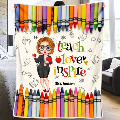 Colorful Crayon Teach Love Inspire Cute Pretty Doll Teacher Personalized Blanket Perfect Teacher's Day Gift HTN05DEC23CT1 Fleece Blanket HumanCustom - Unique Personalized Gifts Made Just for You Small (30x40in)