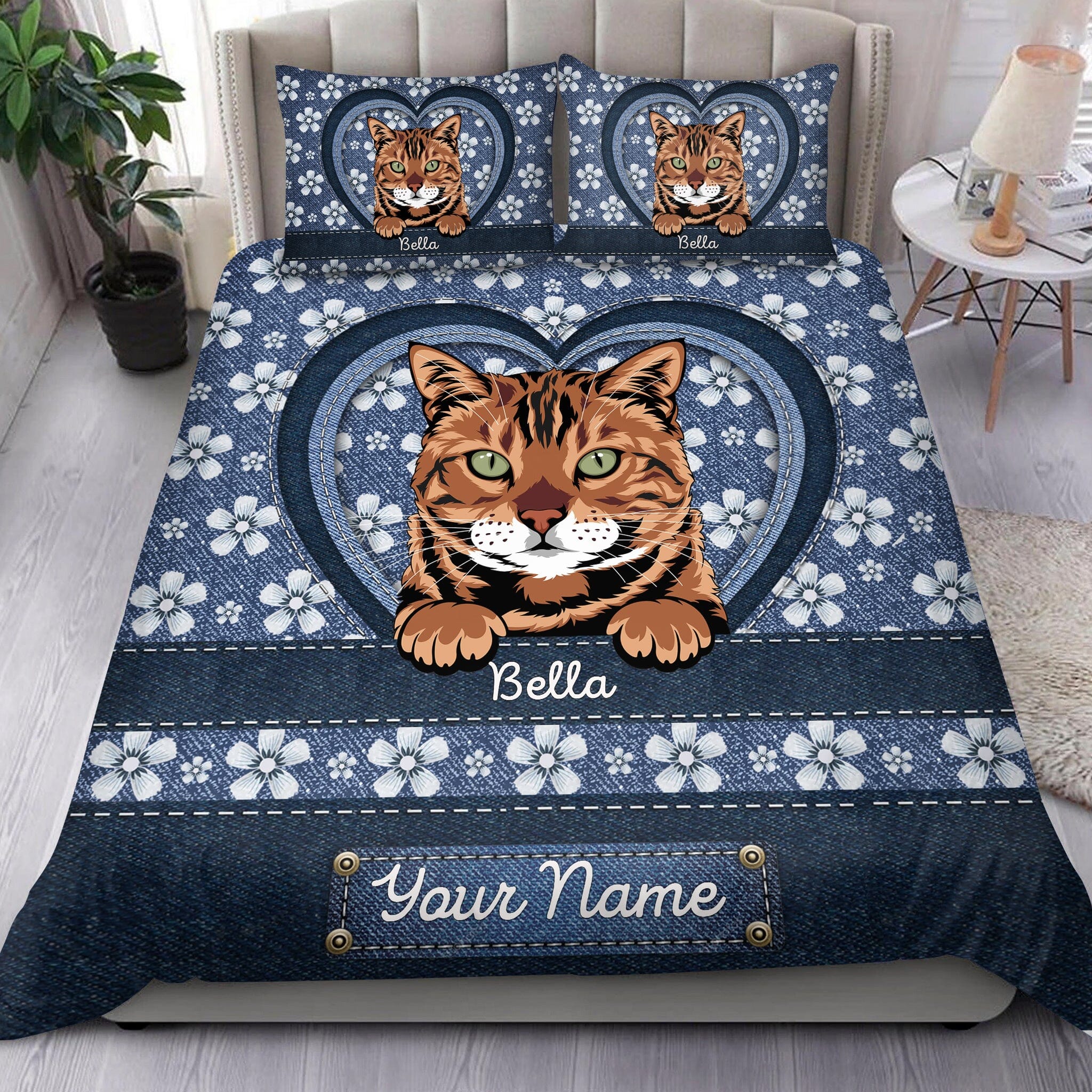 Personalized Flower Denim Pattern Cute Cat Kitten Pet Bedding Set Gift for cat lovers HTN04NOV23CT3 Bedding Set HumanCustom - Unique Personalized Gifts Made Just for You US TWIN 