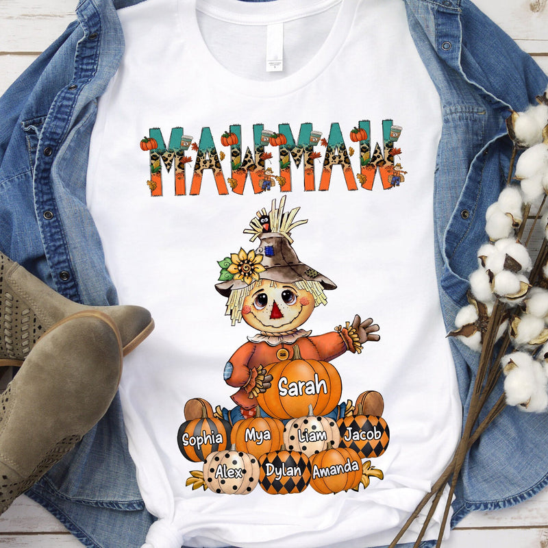 Fall Season Autumn Vibe Pumpkin Grandma Scarecrow Personalized Shirt Gift for Grandmas Moms Aunties