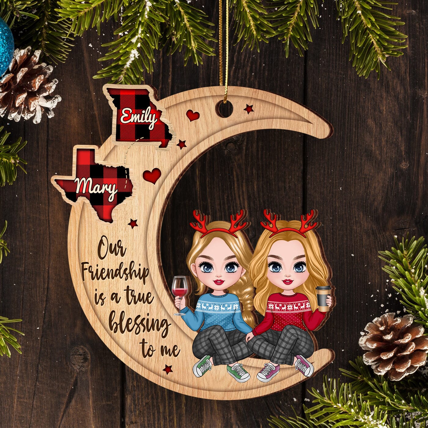 Christmas Pretty Doll Besties Sisters On Moon Personalized Wood Custom Shape Ornament CTL26OCT23CT1 Wood Custom Shape Ornament HumanCustom - Unique Personalized Gifts Made Just for You 