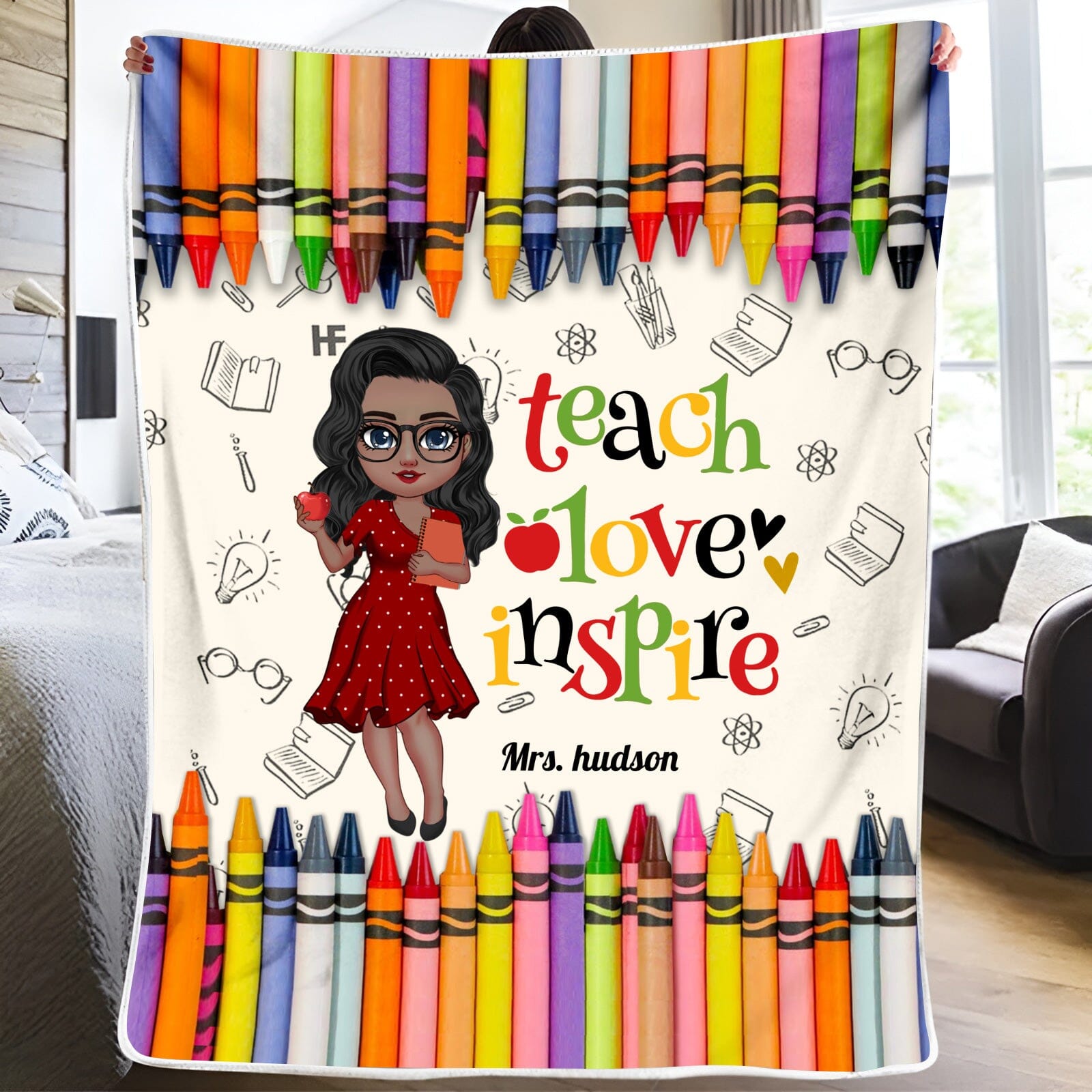 Colorful Crayon Teach Love Inspire Cute Pretty Doll Teacher Personalized Blanket Perfect Teacher's Day Gift HTN05DEC23CT1 Fleece Blanket HumanCustom - Unique Personalized Gifts Made Just for You 