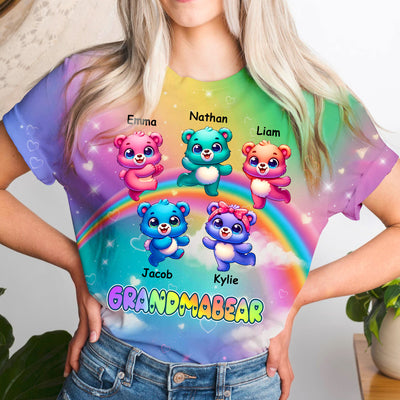 Colorful Bear Grandkids Rainbow Background Personalized 3D T-shirt Gift for Grandmas HTN05APR24CT2