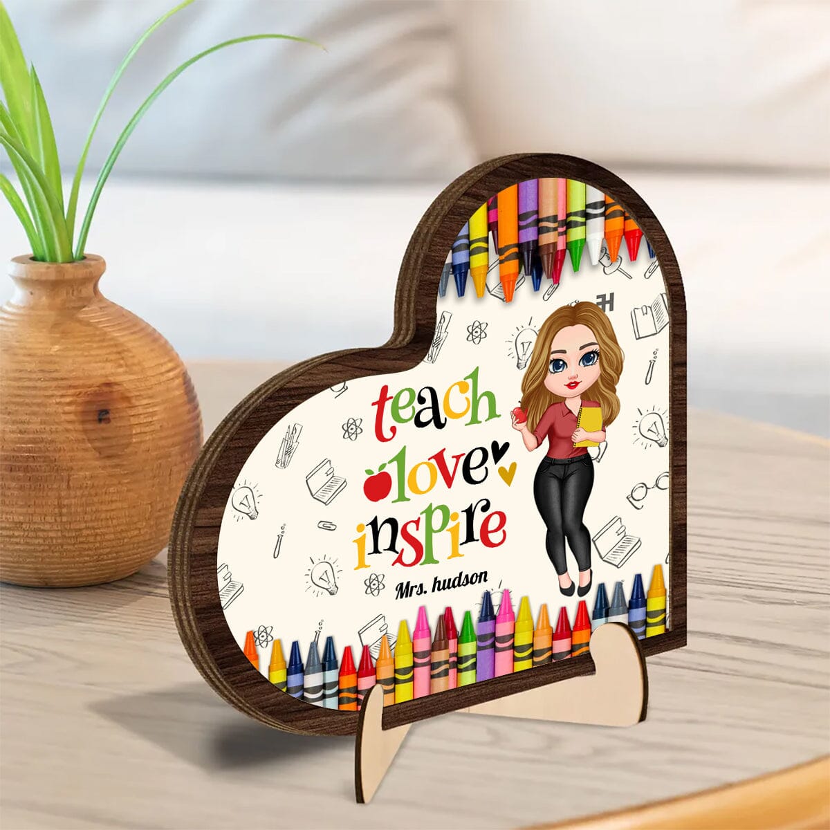 Colorful Crayon Teacher Doll Teach Love Inspire Personalized 2 Layers Wooden Plaque HTN21DEC23CT2 Wood Plaque HumanCustom - Unique Personalized Gifts Made Just for You 