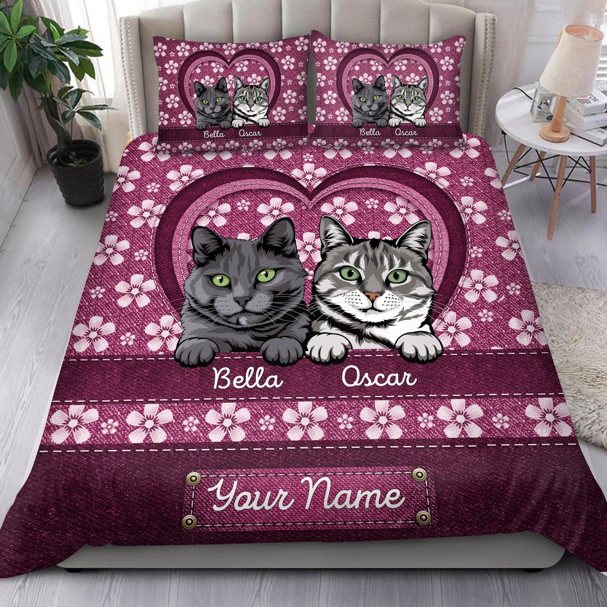 Personalized Flower Denim Pattern Cute Cat Kitten Pet Bedding Set Gift for cat lovers HTN04NOV23CT3 Bedding Set HumanCustom - Unique Personalized Gifts Made Just for You 