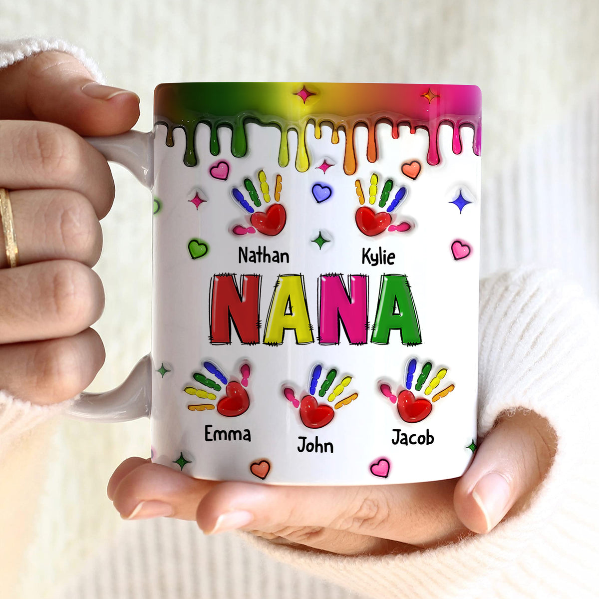 Colorful Grandma Mom Handprint Grandkids 3D Inflated Effect Personalized White Edge-To-Edge Mug LPL05APR24CT1