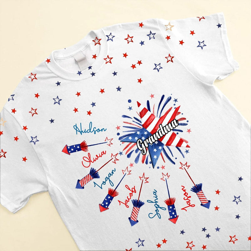 Personalized 4th Of July Independence Day Grandma With Grandkids Fireworks 3D T-shirt