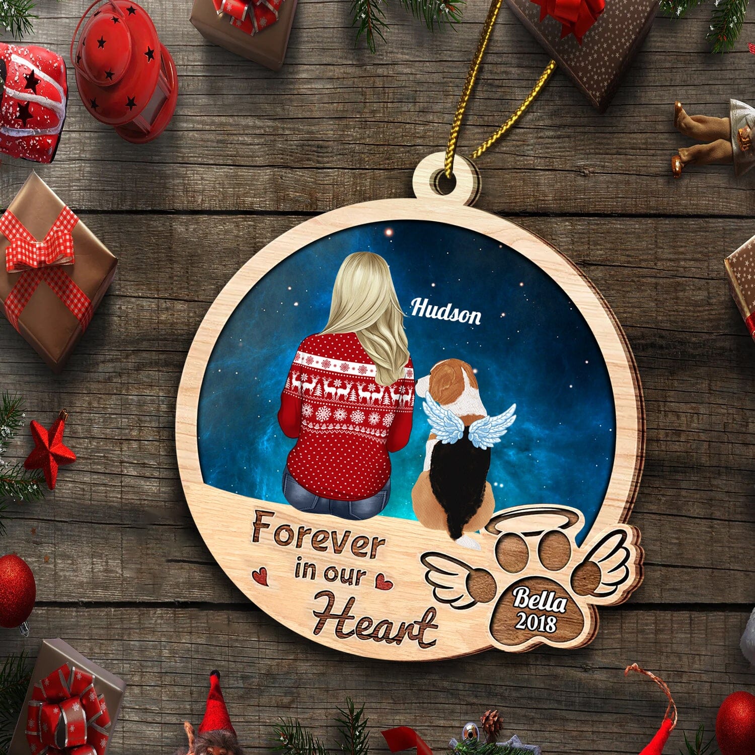 Memorial Pet - Love Dog Puppy On Heaven Galaxy Background Forever On Our Heart Personalized Ornament CTL16OCT23CT2 Wood Custom Shape Ornament HumanCustom - Unique Personalized Gifts Made Just for You 