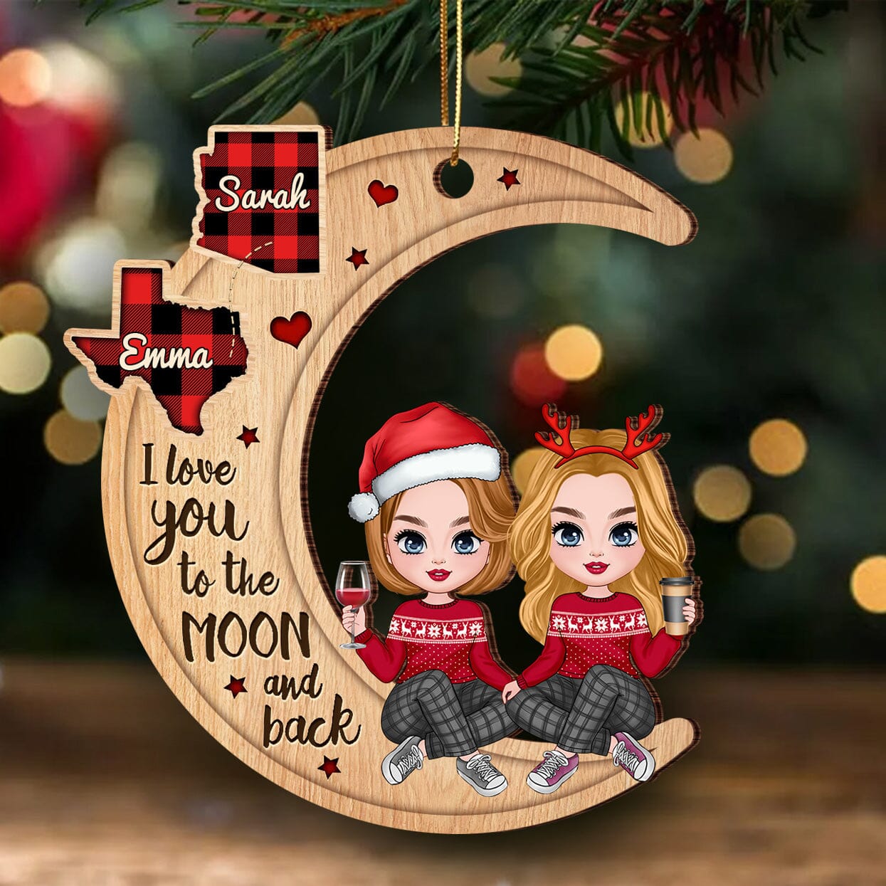 Christmas Pretty Doll Besties Sisters On Moon Personalized Wood Custom Shape Ornament CTL26OCT23CT1 Wood Custom Shape Ornament HumanCustom - Unique Personalized Gifts Made Just for You 