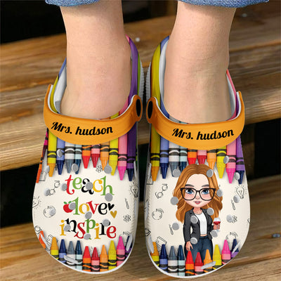 Colorful Crayon Teach Love Inspire Cute Pretty Doll Teacher Personalized Clog Perfect Teacher's Day Gift HTN03APR24CT2
