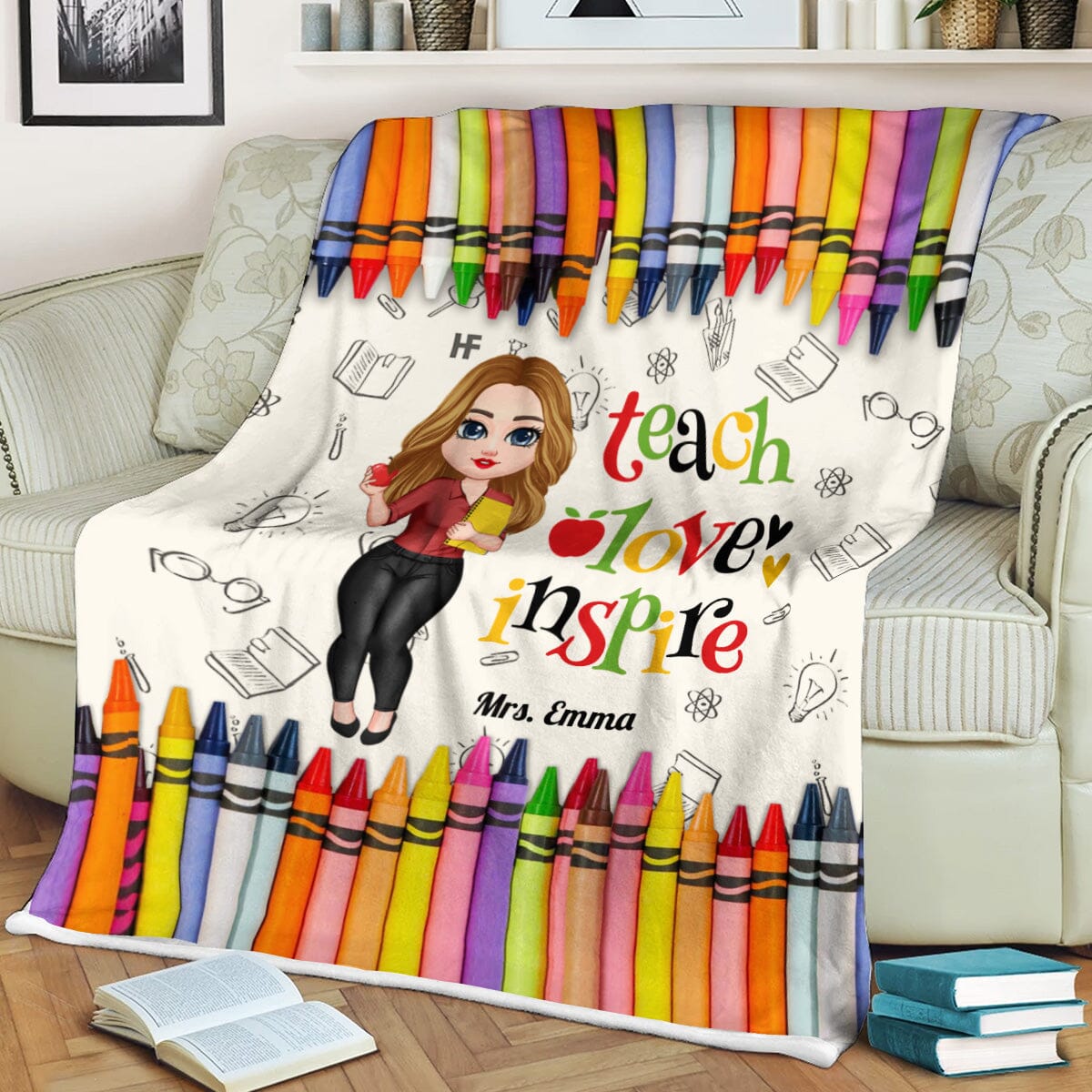 Colorful Crayon Teach Love Inspire Cute Pretty Doll Teacher Personalized Blanket Perfect Teacher's Day Gift HTN05DEC23CT1 Fleece Blanket HumanCustom - Unique Personalized Gifts Made Just for You 