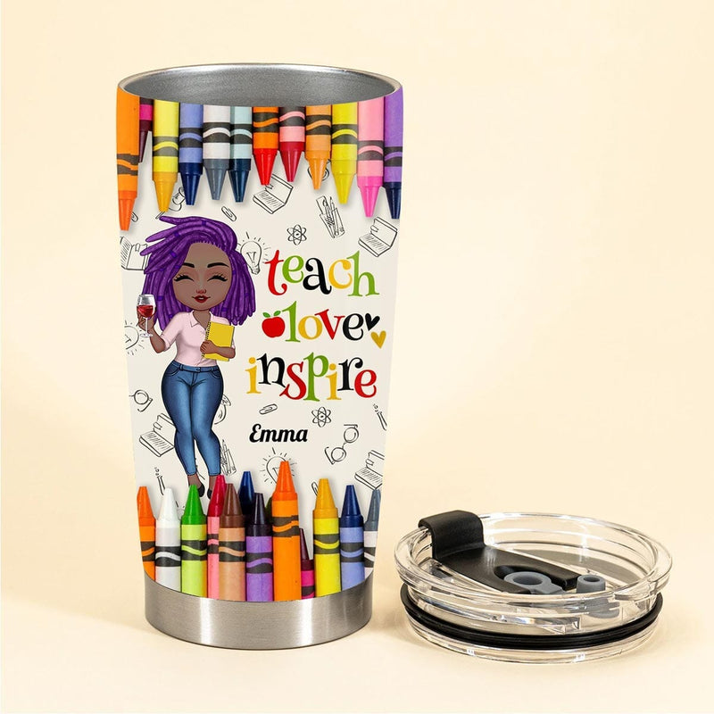 Colorful Crayon Teach Love Inspire Cute Pretty Doll Teacher Personalized Glitter Tumbler Perfect Teacher's Day Gift