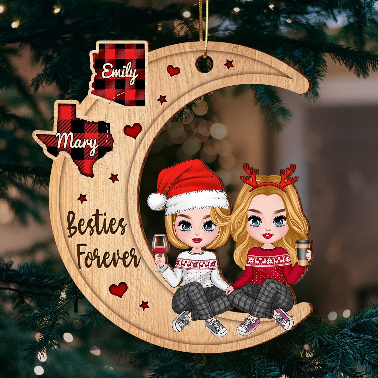 Christmas Pretty Doll Besties Sisters On Moon Personalized Wood Custom Shape Ornament CTL26OCT23CT1 Wood Custom Shape Ornament HumanCustom - Unique Personalized Gifts Made Just for You 