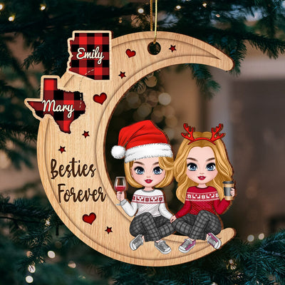 Christmas Pretty Doll Besties Sisters On Moon Personalized Wood Custom Shape Ornament CTL26OCT23CT1 Wood Custom Shape Ornament HumanCustom - Unique Personalized Gifts Made Just for You