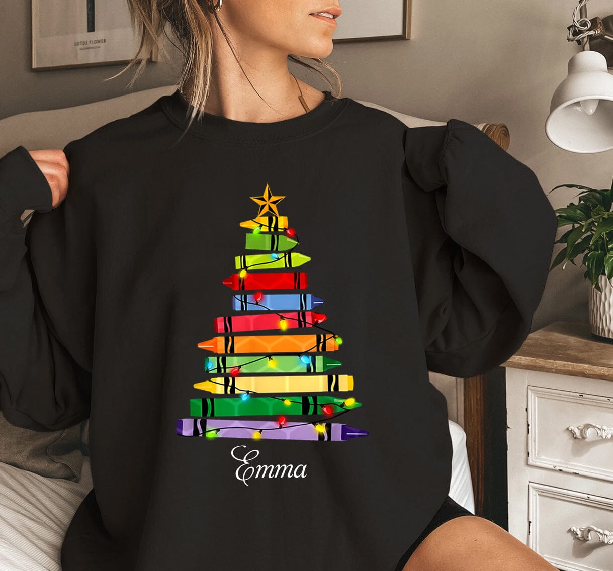 Teacher Christmas Crayon Tree Light Personalized Sweatshirt HTN14NOV23CT1 2d sweatshirt HumanCustom - Unique Personalized Gifts Made Just for You 