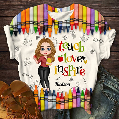 Colorful Crayon Teach Love Inspire Cute Pretty Doll Teacher Personalized 3D T-shirt Perfect Teacher's Day Gift HTN27APR23CT1 3D T-shirt Humancustom - Unique Personalized Gifts