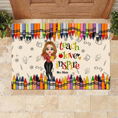 Colorful Crayon Teach Love Inspire Cute Pretty Doll Teacher Personalized Doormat Perfect Teacher's Day Gift HTN31MAY23CT1