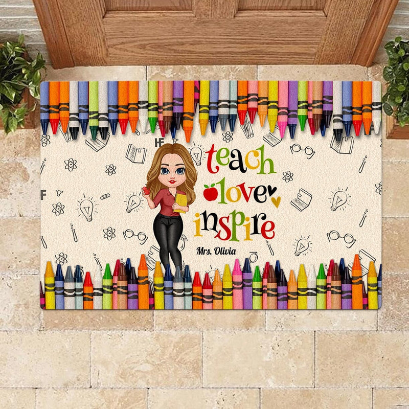 Teach Love Inspire Cute Pretty Doll Teacher - Personalized Doormat - Teacher's Day Gift
