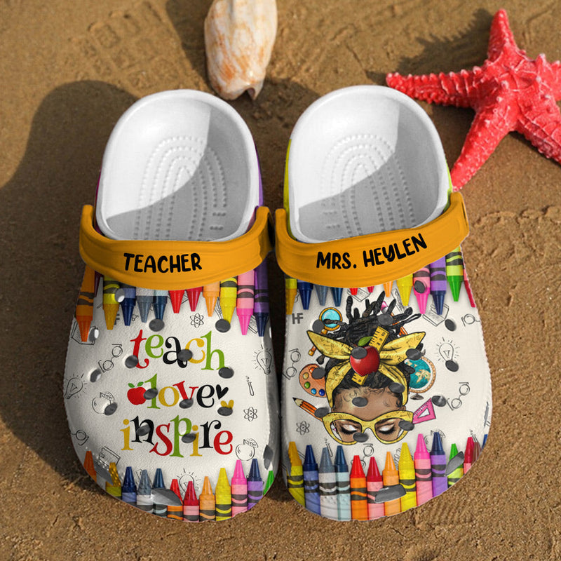 Colorful Crayon Teach Love Inspire Messy Bun Teacher Personalized Clogs, Teacher's Day Gift