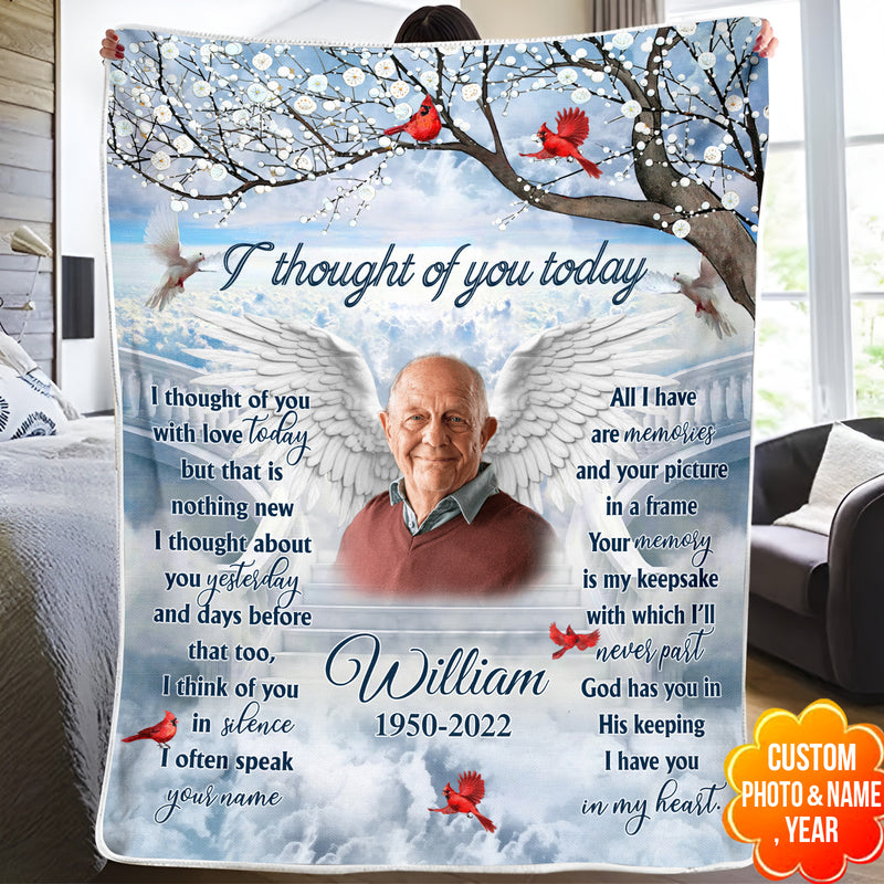 Memorial Custom Photo Wings, I Thought Of You Today Personalized Fleece Blanket