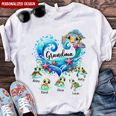 Sea Turtle Grandma With Cute Grandkids Personalized White T-shirt and Hoodie HTN01MAR24VA1