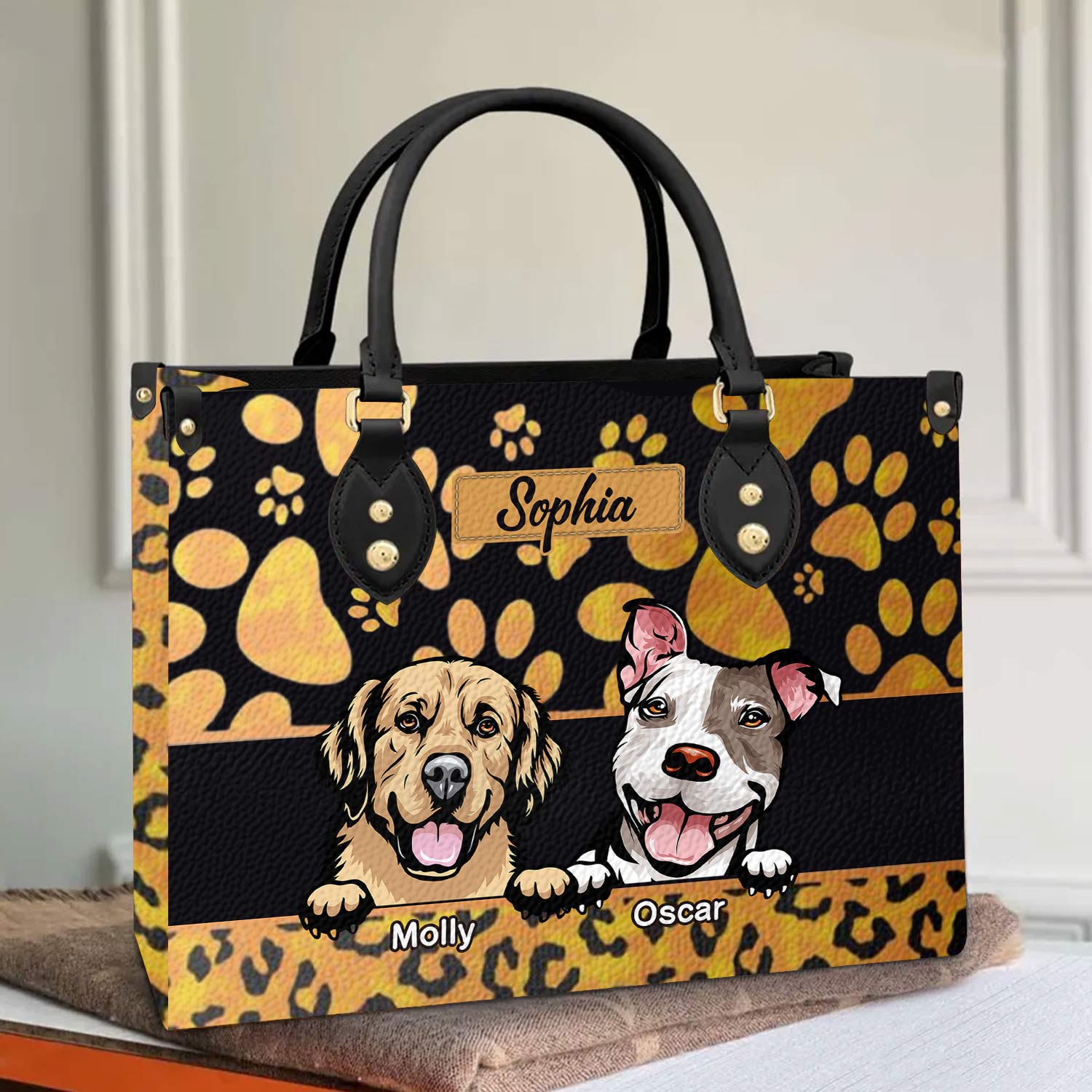 Pawprint Leopard Cute Dog Puppy Personalized Leather Handbag HTN02FEB24VA1
