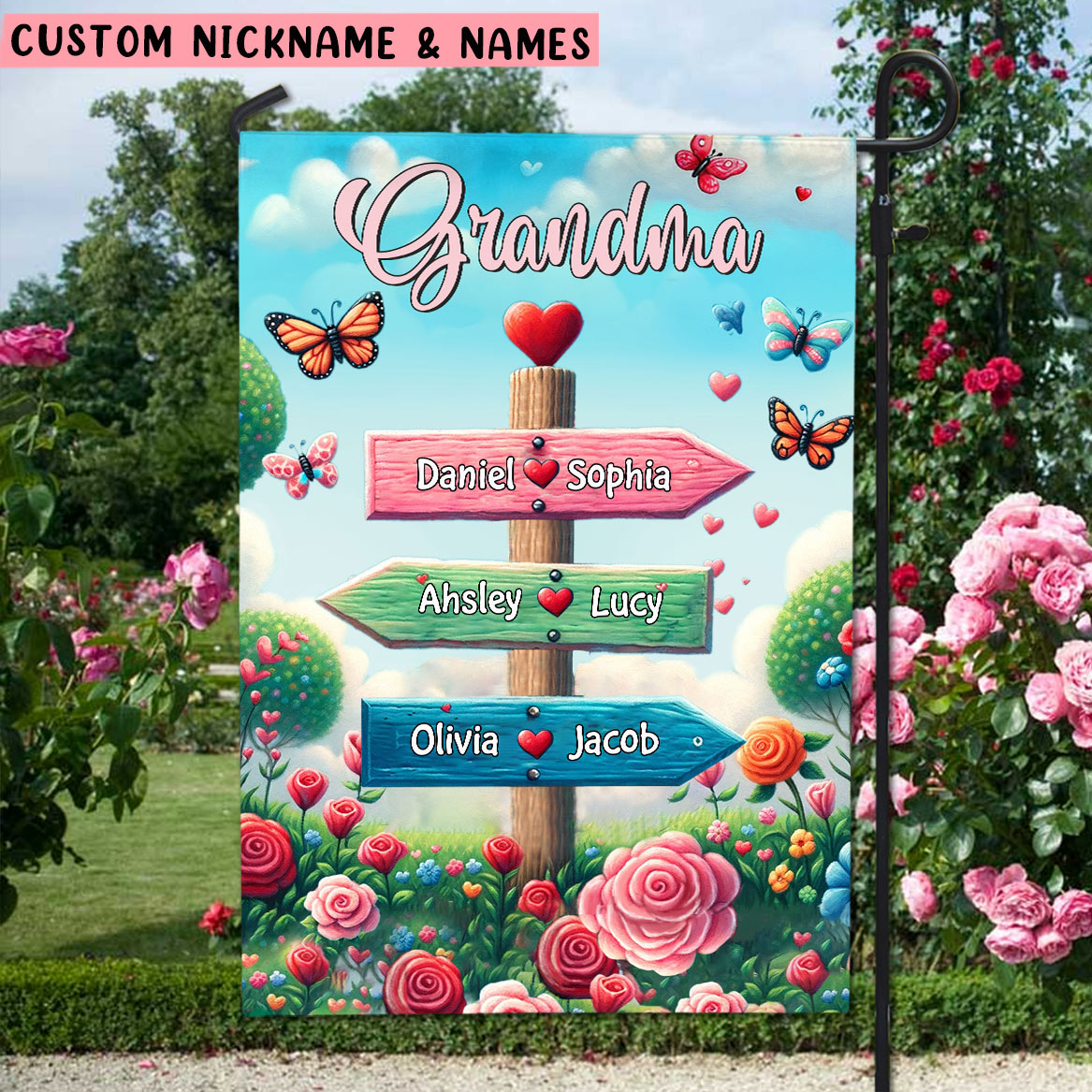Grandma Spring Garden Signpost Personalized Flag HTN03JAN24VA1